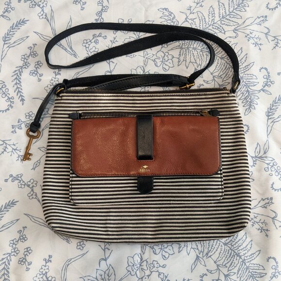 Fossil Handbags - Fossil Striped Canvas & Leather Crossbody Purse
